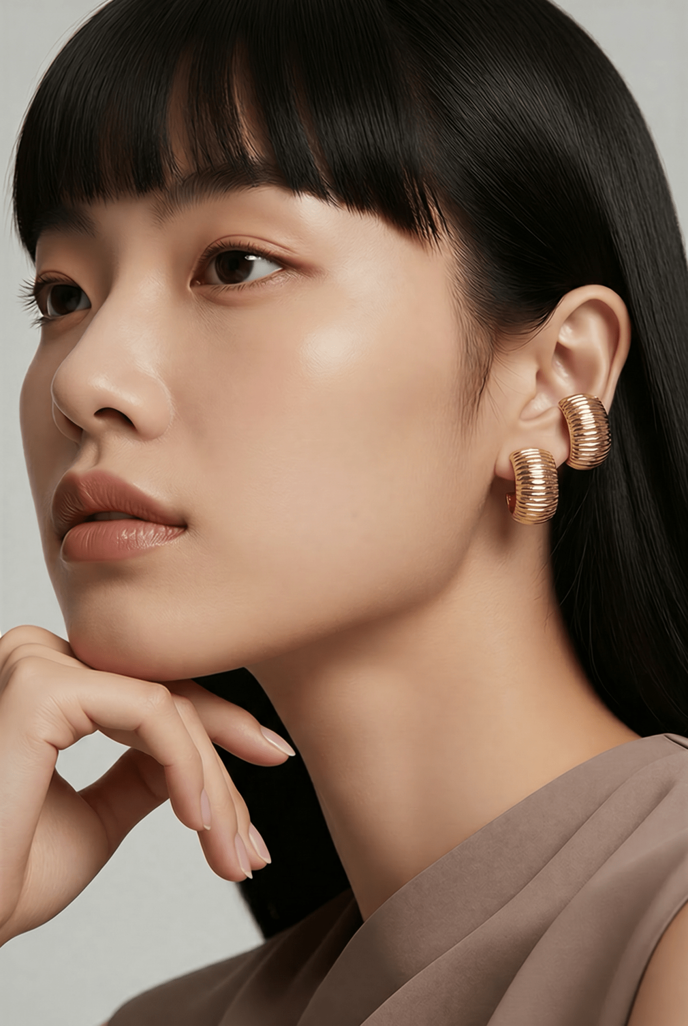 Woman wearing 14K gold drop earrings, featuring hypoallergenic posts and lightweight design, Chrysus Golds