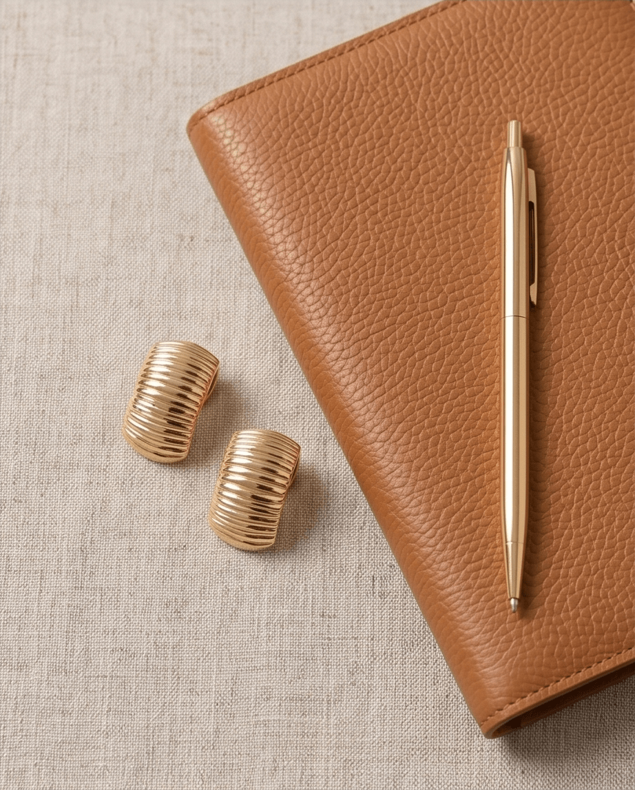 14K gold drop earrings displayed on textured brown background, luxury jewelery collection, Chrysus Golds